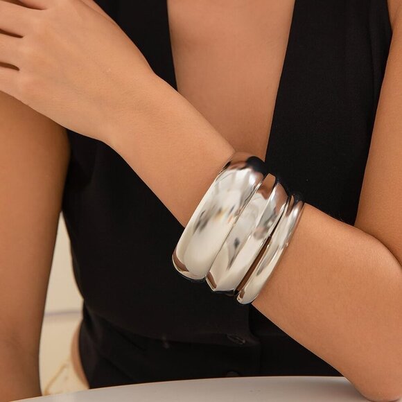 3PCS Chunky Gold Bangle Bracelets for Women Trendy Wide Wrist Cuff Bracelets Sta - Picture 2 of 7